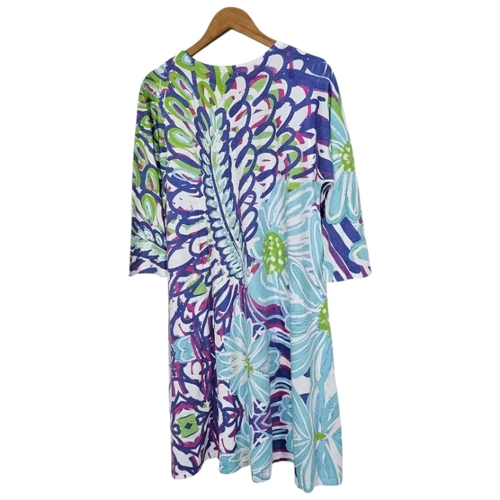 Atelier 5 By Gozde Yilmaz Colorful Floral Shift Dress Sz Large Blue Unique Basic